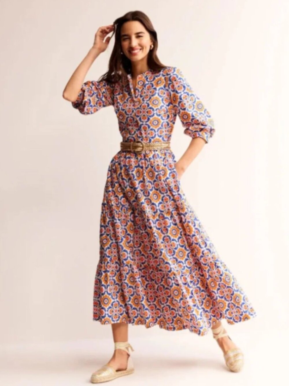 Boden Alba Tiered Cotton Maxi Dress in Artisan's Gold Mosaic Bloom Sz 6 EUC